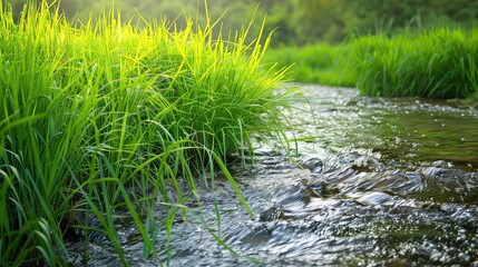 Lush green grass bordering a flowing stream.