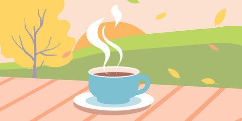 Minimalistic Vector Illustration of a Steaming Coffee Cup on a Terrace with Autumn Scenery