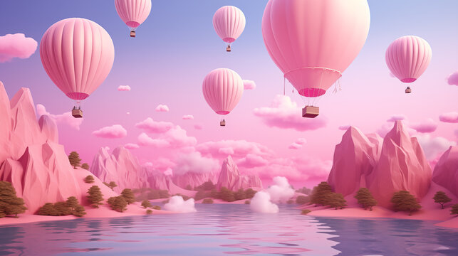 pink theme floating air balloon with mountains lake soft pastel blue sky landscape surreal 3D render style