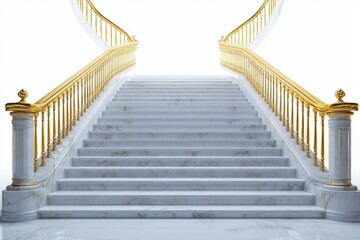 A grand staircase featuring marble steps, golden railings
