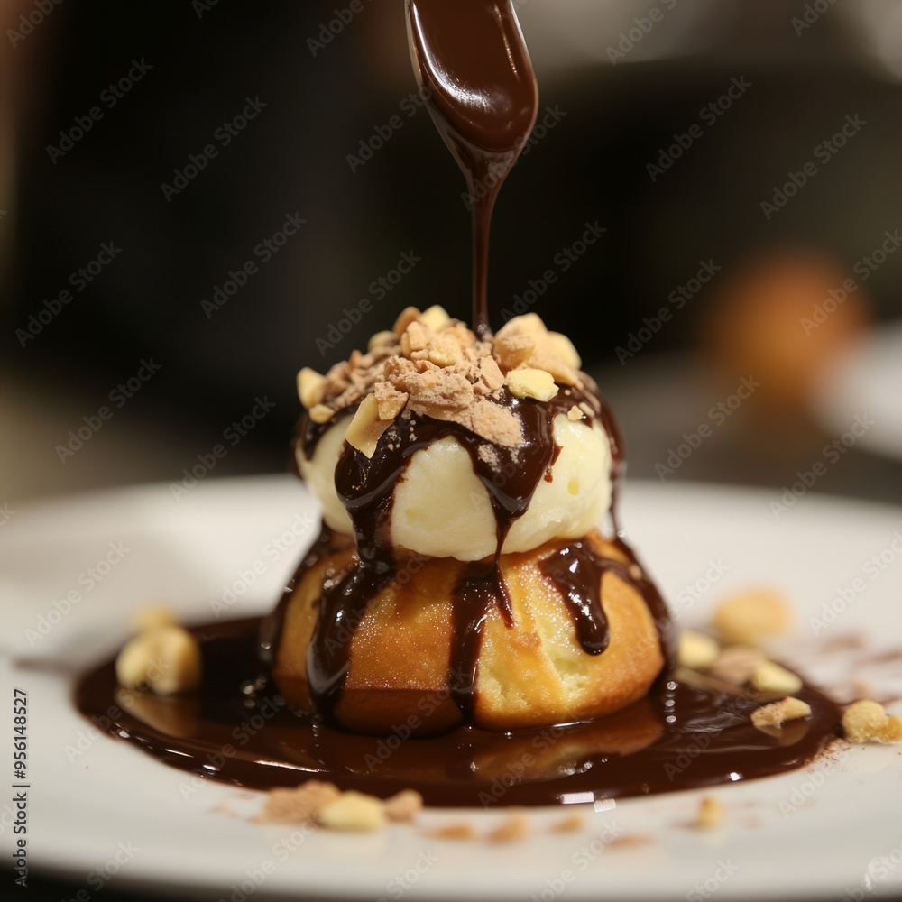 Poster A decadent dessert with two layers of pastry, vanilla ice cream, chocolate sauce, and chopped nuts.