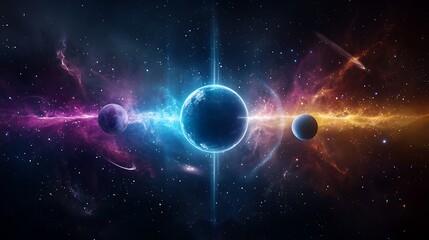 Obraz premium Cosmic Wonder: Planetary Alignment and Glowing Orbs in Colorful Nebula Universe with Copy Space