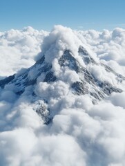 Majestic snow-capped mountain peaks piercing through the clouds