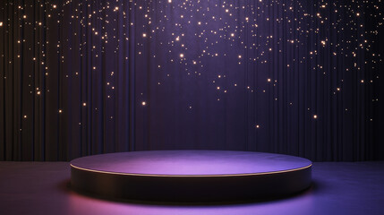 Prize display platform, one podium, no prizes, resplendent, solemn, twinkling lights, minimalism