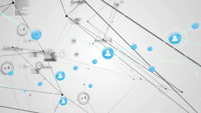 Network connections and data processing animation over white background with blue icons