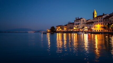Fototapeta premium Old town hall at night near the water