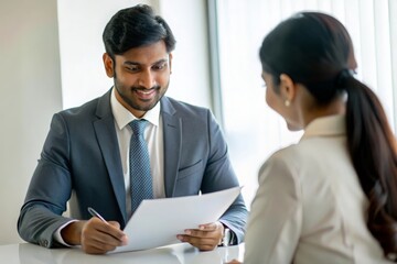 Indian Bank Manager Reviewing Agreement with Customer

