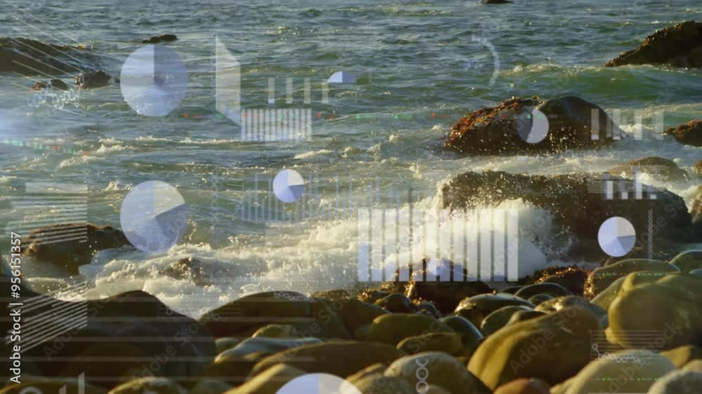 Poster data visualization and analytics animation over rocky seashore with waves
