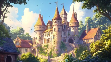 Fototapeta premium Majestic Stone Castle with Lush Greenery and Stone Steps