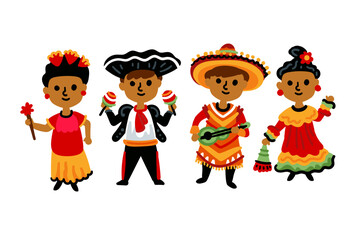 Kids in different traditional costumes isolated on white background (Jamaica, Cuba, Mexico)