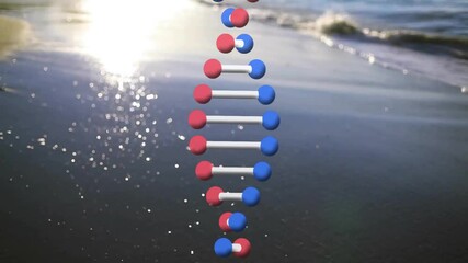 DNA strand animation over ocean waves on sandy beach background - Powered by Adobe