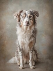 A beautiful portrait of an Australian Shepherd dog, showcasing its striking features and gentle expression in a soft background.