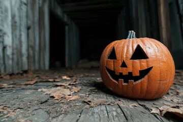 Spooky halloween jack-o-lantern pumpkin on dark wooden floor