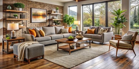 Softly lit modern furniture pieces harmonize in a warm and inviting living room, where plush cushions and wood