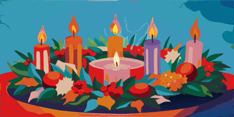 Festive Candles Amidst Holiday Decorations on Vibrant Background