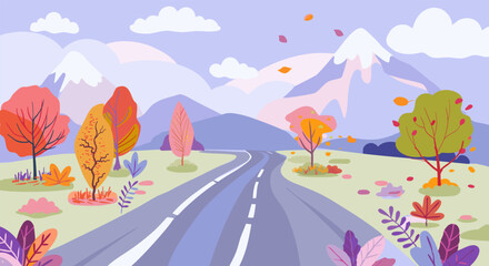 Vector illustration of an autumn road through a colorful landscape