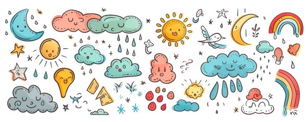 Various celestial objects doodled in black and white.