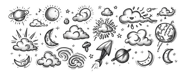 Various celestial objects doodled in black and white.