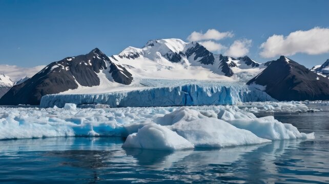 Snow-capped mountains and blue glacier in serene Arctic waters