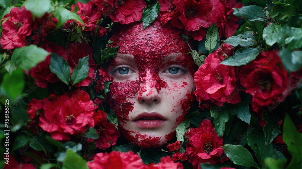 Sticker woman's face surrounded by red roses