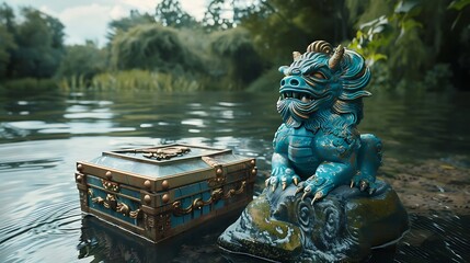 Obraz premium On a calm pond a blue monster statue lies on a treasure box