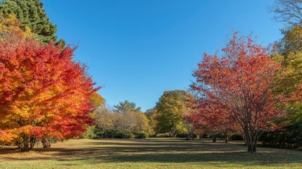 Naklejka premium A scenic park in fall, with trees displaying a riot of colors from deep reds to bright oranges