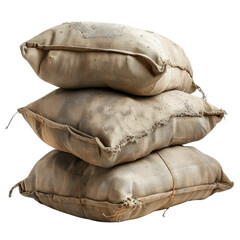 Three stacked burlap sacks, worn and weathered, perfect for backgrounds in rustic or industrial themed designs.