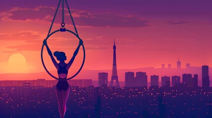Aerialist Silhouetted Against Parisian Skyline at Sunset