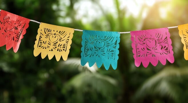 Colorful mexican paper flags hanging in nature
