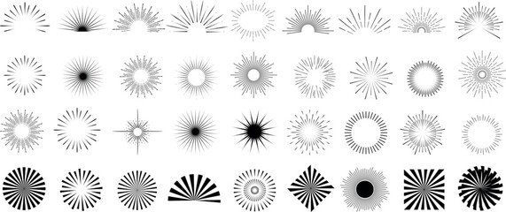 Sunburst vector set, ray icon, sunray designs in black. Starburst, rays, radiant abstract graphics for retro logos, icon, and vintage background