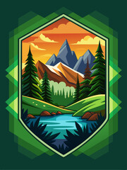 Fototapeta premium Mountainous Landscape with River and Pine Trees at Sunset