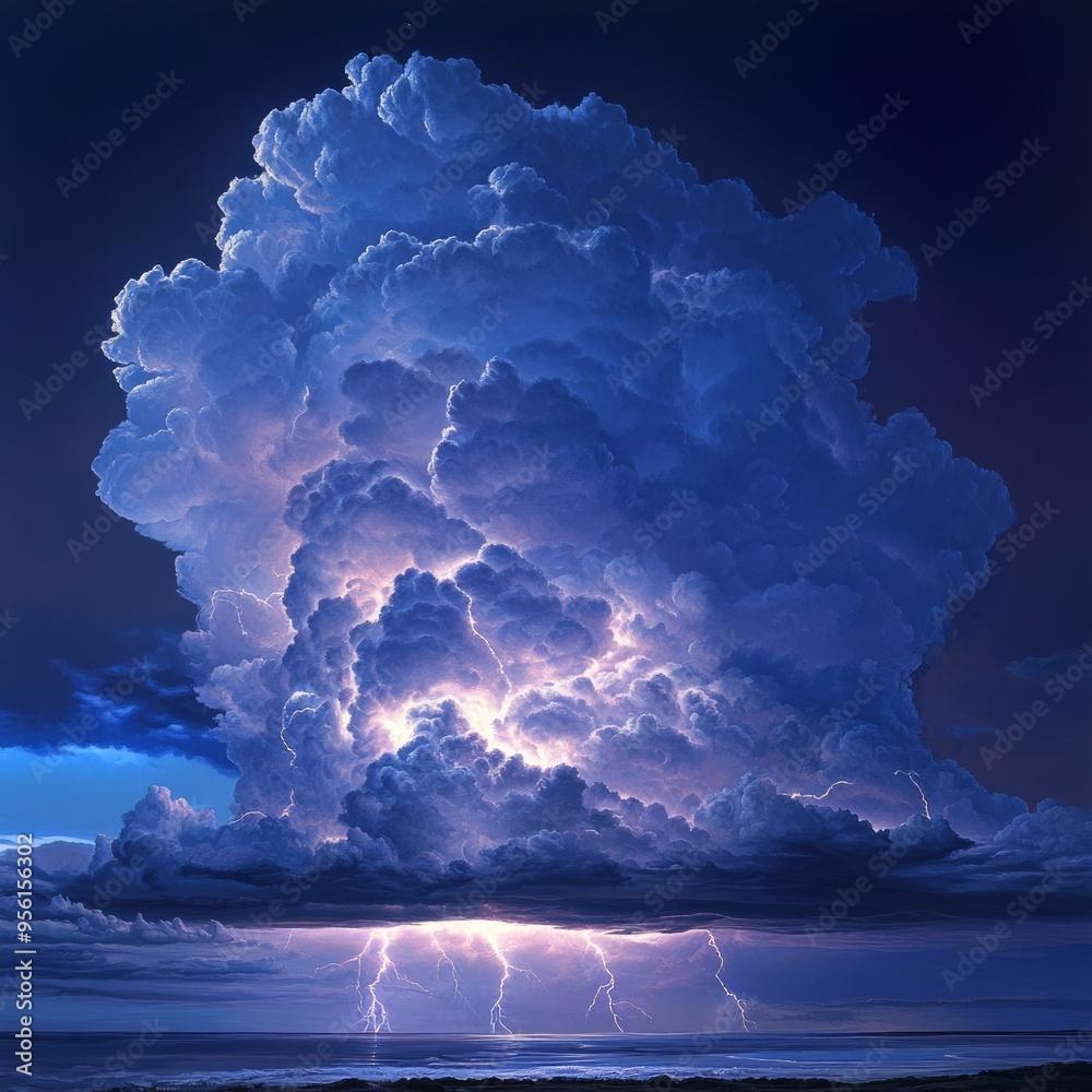 Canvas Prints A dramatic, stormy sky with lightning bolts striking the sea.