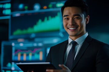 Fototapeta premium Confident Business Professional Analyzing Data Trends with Digital Tools and Technology
