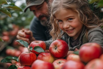 Happy Girl Picking Apples with Dad in Orchard