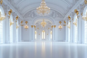 Naklejka premium A majestic grand hall featuring crystal chandeliers, baroque details, and a royal color scheme