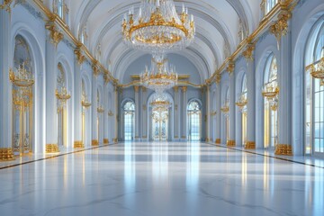Fototapeta premium A majestic grand hall featuring crystal chandeliers, baroque details, and a royal color scheme