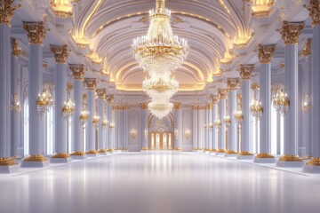 A majestic grand hall featuring crystal chandeliers, baroque details, and a royal color scheme