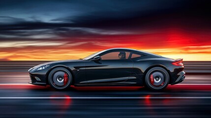 Black Sports Car Speeding on a Track at Sunset