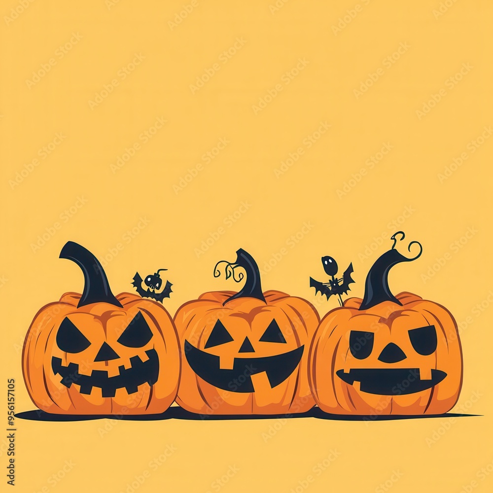 Wall mural Three jack-o'-lantern pumpkins with bats on yellow background Halloween illustration