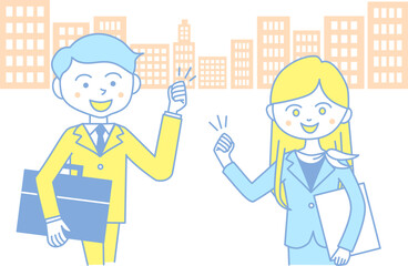 イラスト素材：ビジネス街でイキイキとガッツポーズをするビジネスマンとビジネスウーマン