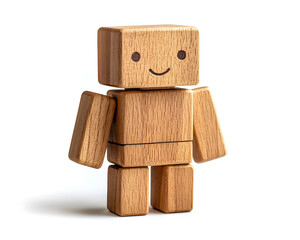 3d Wooden toy figurine little man with a square head isolated on white background