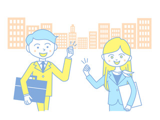 イラスト素材：ビジネス街でイキイキとガッツポーズをするビジネスマンとビジネスウーマン