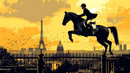 Equestrian Leaping Over Paris Skyline at Sunset