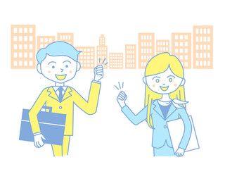 イラスト素材：ビジネス街でイキイキとガッツポーズをするビジネスマンとビジネスウーマン