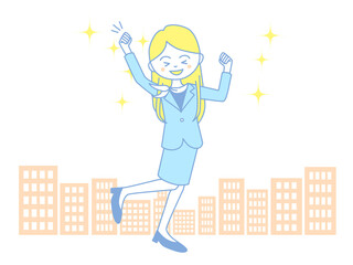 ビジネス街で飛び跳ねながらガッツポーズをするビジネスウーマン