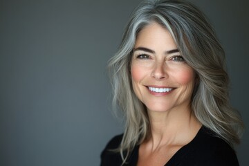 Fototapeta premium Portrait of a smiling middle aged caucasian woman isolated against grey background.