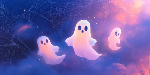Cute ghost floating in the sky, cartoony Halloween backdrop
