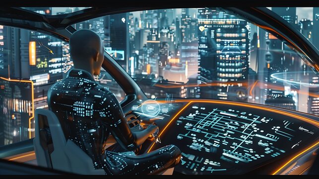 Futuristic self-driving car explores the bustling city at night with brilliant city views for Advanced technology concept inside the Modern Future vehicle. - Powered by Adobe
