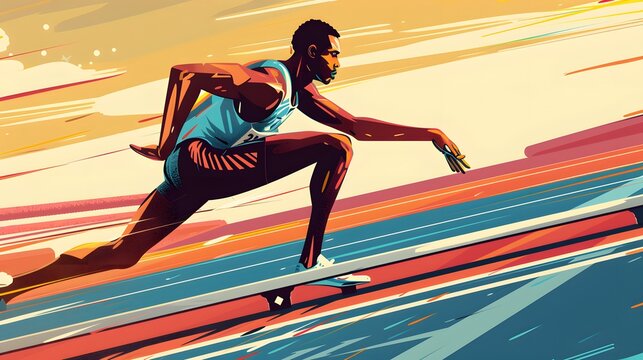 A sprinter at the starting blocks in a Paris stadium, showcased in a sharp vector illustration.