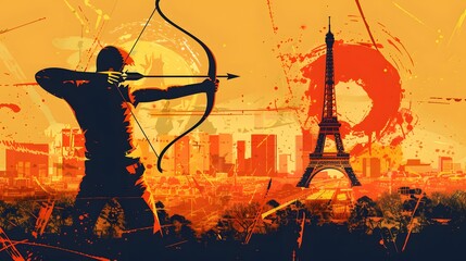 An archer aiming at a target with the Eiffel Tower behind, depicted in sleek vector style.